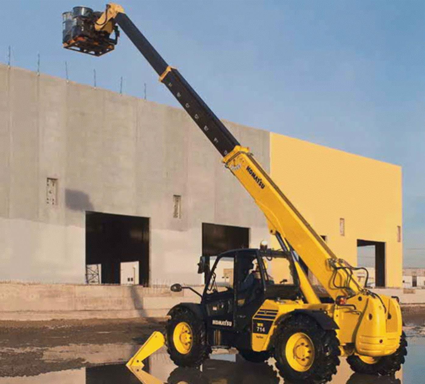 A yellow forklift with a bucket on top of it

Description automatically generated