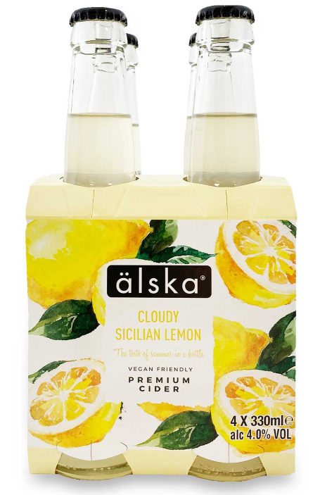 A pack of lemon cider bottles

Description automatically generated