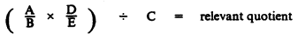 Formula - ((A divided by B) multiplied by (D divided by E)) divided by C equals relevant quotient.