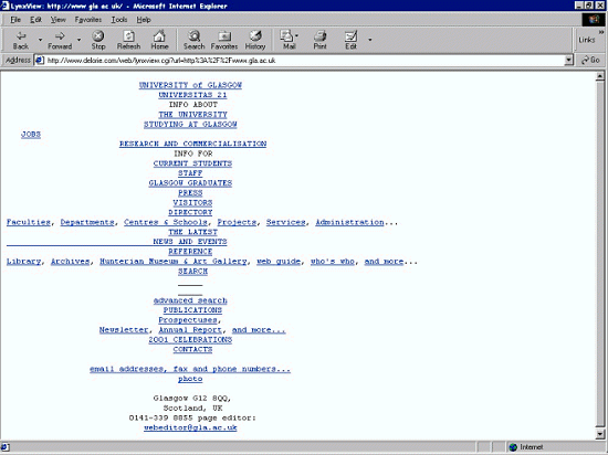 Glasgow University Web site viewed with Delorie Lynxviewer